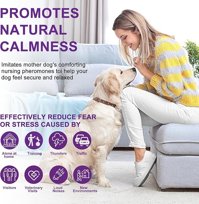 Calming Pheromone Diffuser for Dogs, 1 Diffuser 3 Refills, Relieves Separation Anxiety, Stress, Barking, and Chewing Calming Relaxation