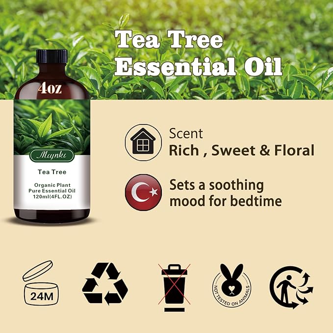 Tea Tree Essential Oil – MLYNKL Tea Tree Oils 4.33 fl oz for Diffusers, Humidifiers, Massage, DIY Candles, Soap, Cleaning, Home, Yoga, Office, Gifts - 130 ml