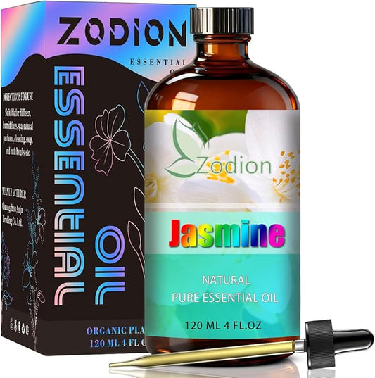 Jasmine Essential Oil 4 fl oz (120ml) - ZODION Jasmine Fragrance Oil for Diffuser, Massage, Humidifier, DIY Candle, Soap Making, Home, Bath, Yoga