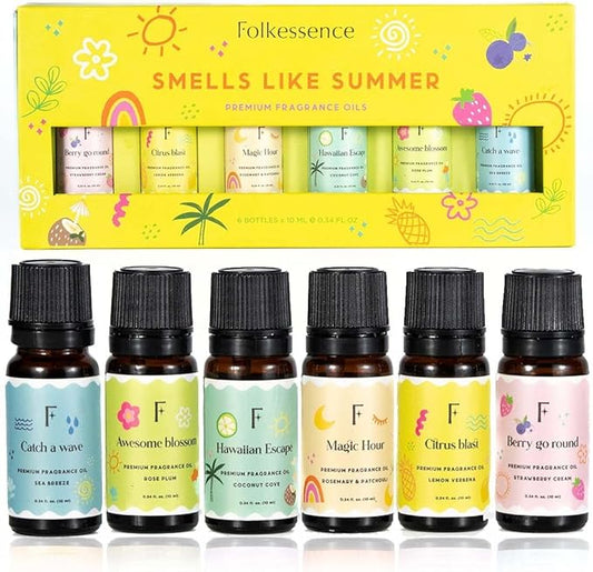 Folkulture Summer Essential Oil Set of 6 | Lemon Essential Oils for Diffusers for Home, Humidifiers, Aromatherapy | Citrus, Coconut, Fragrance Oil for Diffuser, Candle, Soap Making - Summer Vibes