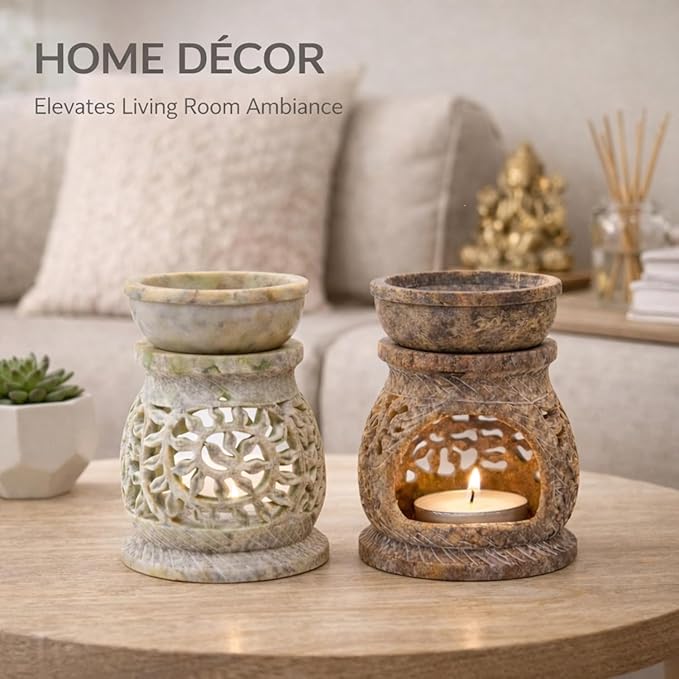 Marble Soapstone Candle Aroma Burner | Oil Diffuser | Tea Light Holder | Wax Burner- Handmade Flower Carving for Gifting & Decoration | Decorative Home and Office Decor.