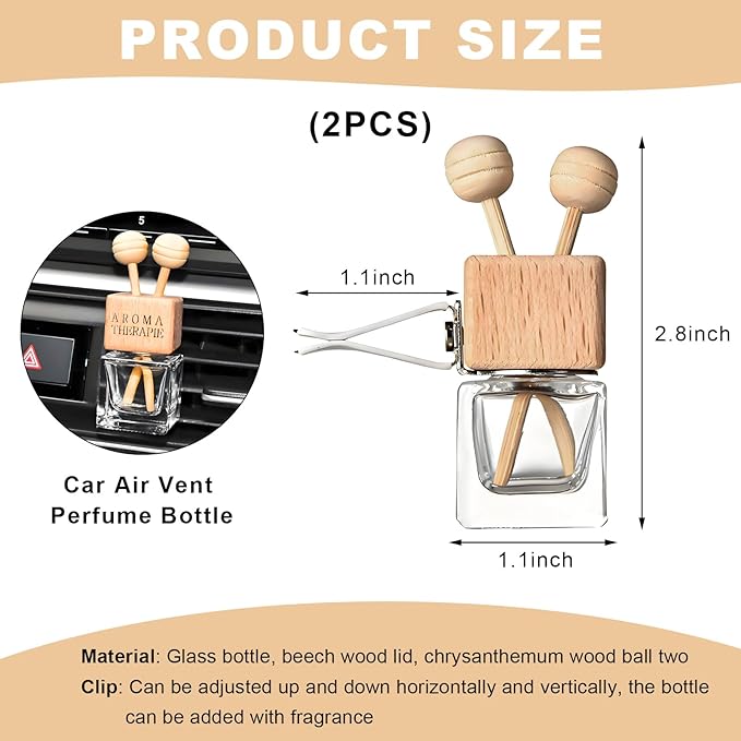 KVAEY 2PCS Car Diffuser Air Freshener Bottle, Refillable Empty Glass Perfume Bottles with Vent Clip, Universal Essential Oil Diffuser for Most Vehicles, Interior Car Accessories (2PCS, Word)