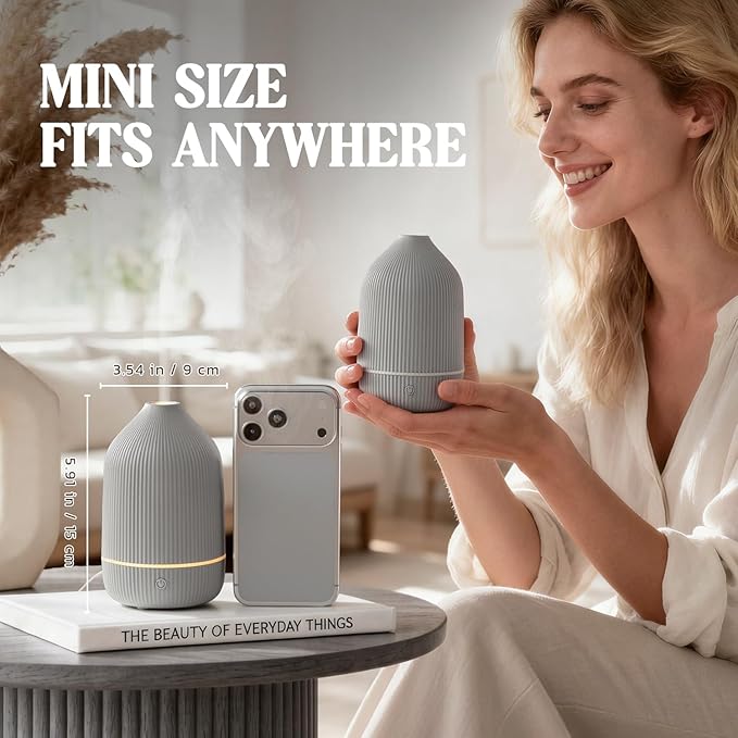 Essential Oil Diffuser, 100ml Aromatherapy Diffuser, Mini Ultrasonic Diffuser for Essential Oil, Home, Office, Cool Mist Humidifier with 7 Led Light, Auto Shut-Off, Gray