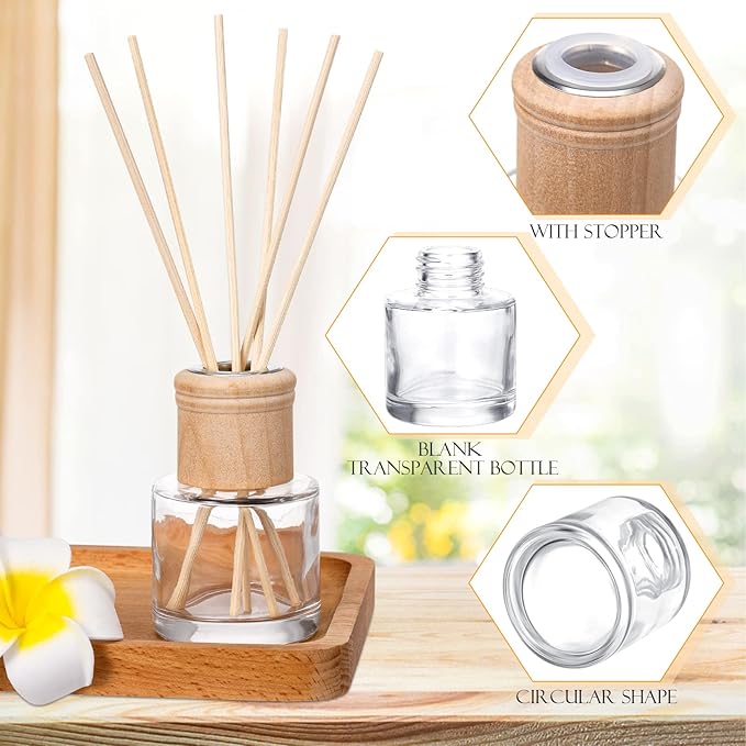 Roshtia 50 Set Reed Diffuser Bottle Empty Refillable Fragrance Glass Diffuser Bottles Set with Wooden Caps Sticks 50ml 1.7 oz Round Glass Jars for DIY Fragrance