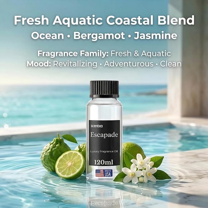 Scentia Escapade Diffuser Oil Refill – Hotel Fragrance Oil Inspired by 5-Star Resort – 120 mL – Jasmine, Bergamot & Marine Long-Lasting Scent for Ultrasonic & Waterless Diffusers, Made in USA