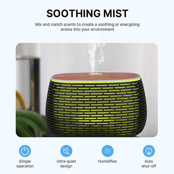 Essential Oil Diffuser, 400ml Aromatherapy Diffuser for Essential Oils, Ultrasonic Diffuser with 2 Mist Modes, Cool Mist Humidifier with 7 LED Color Lights and Auto-Off Safety, for Large Room Office