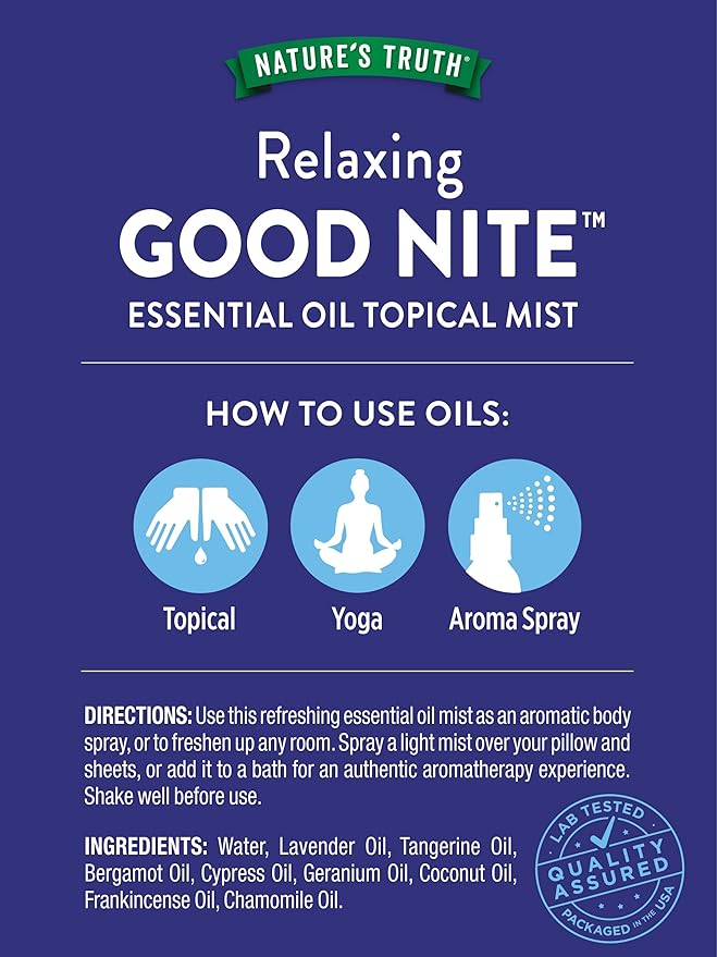 Nature's Truth Good Nite Essential Oil Mist | 2.4 fl oz | Calming Blend | for Topical Use, Yoga, & Aroma Spray