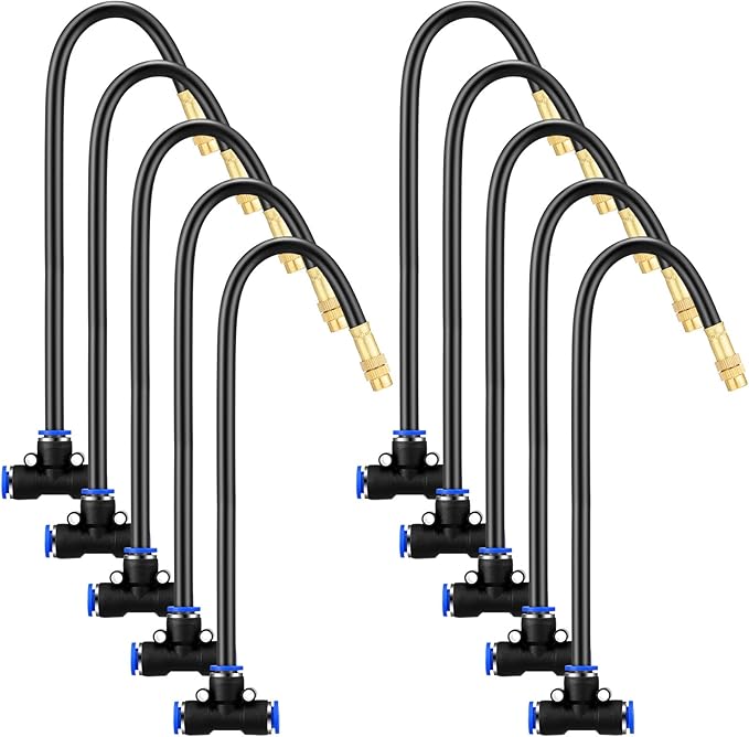 Zonon 10 Pcs Brass Misting Nozzles Tee with 16" Built in Hose for 0.32"/8 mm Tubing 360 Degree Rotation Adjustable Water Mister Nozzle Thread Sprayer Misting Part Accessories for Patio Outdoor Cooling