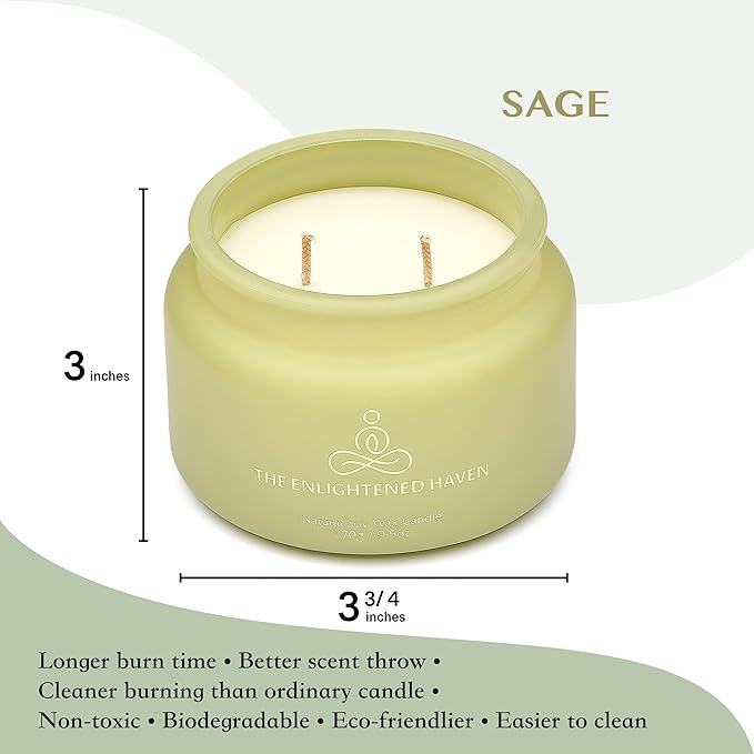 Cleansing | 2-Wick Scented Candles for Home | White Sage | Natural Non Toxic Soy Candles with Essential Oils | 50 H Long Burning | Aromatherapy Candle Jar with Lid -9.5oz