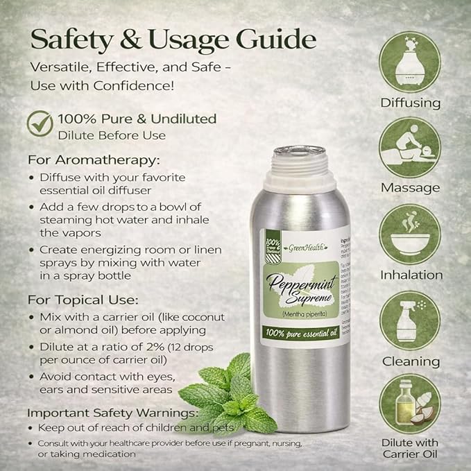 Peppermint Essential Oil – 100% Pure Mentha Piperita – GreenHealth – 8 fl oz (237 ml) Aluminum Bottle with Plug Cap – Aromatherapy, Diffusers, DIY, Candles, Fresh Home Scent