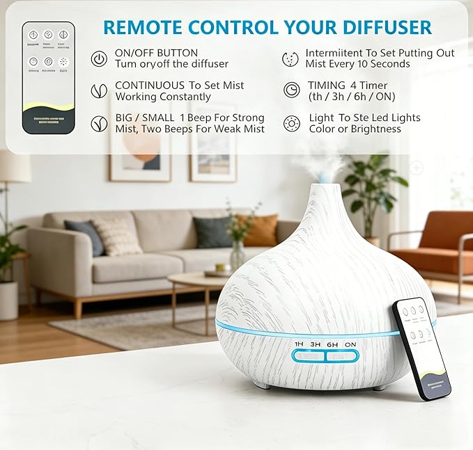 550ml Essential Oil Diffusers with Remote Control, Ultrasonic Oil Diffuser with Timer，7 Color LED Night Light and Waterless Auto-Off Functions for Home, Spa