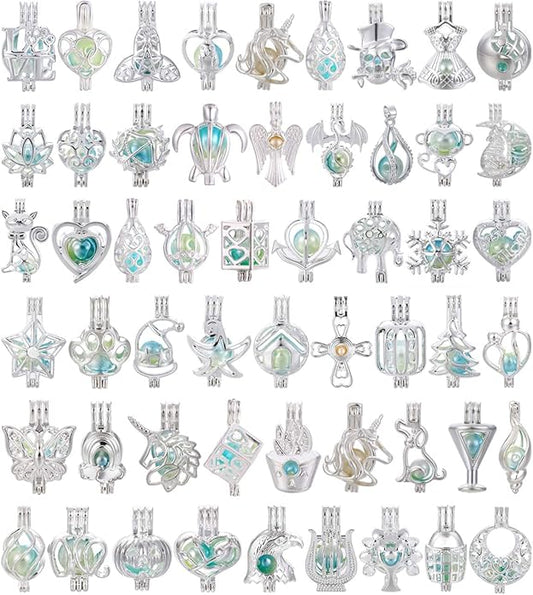 Mixed Pearl Cage Locket Pendants Set, Essential Oil Diffuser DIY Necklace Bracelet Jewelry Making Craft, Bulk Beads Aromatherapy Diffuser Charms Gifts for Women Girls