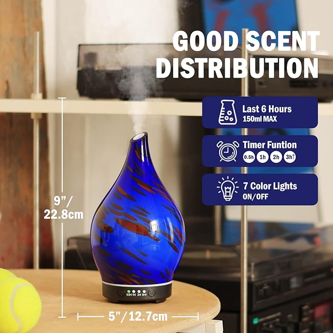 Porseme Essential Oil Diffuser Hand-Blown Glass Aroma Diffusor, Aromatherapy Unltrasonic Cool Mist deffuser, 7 Color Changing, Waterless Shut-Off, Timer Function for Home Office(150ml, Cobalt Blue)