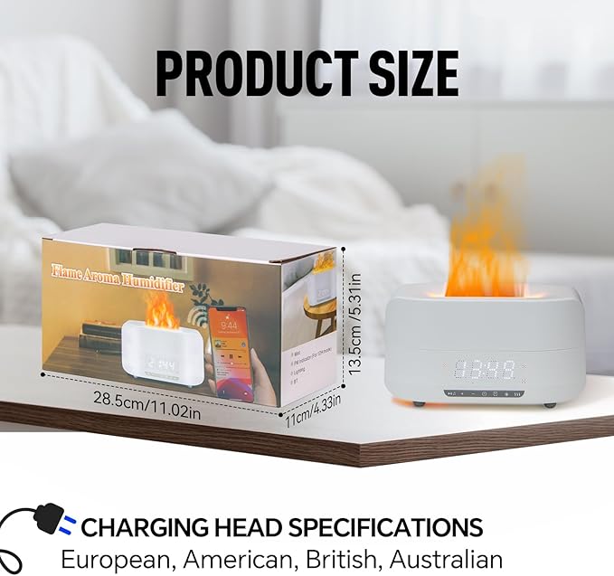 Aroma Essential Oil Diffuser & Humidifier 400mL, 5-in-1 Flame Effect Ultrasonic Diffuser with Bluetooth Speaker, LED Night Light & Clock, Quiet Diffuser for Bedroom Sleep Relaxation (White)