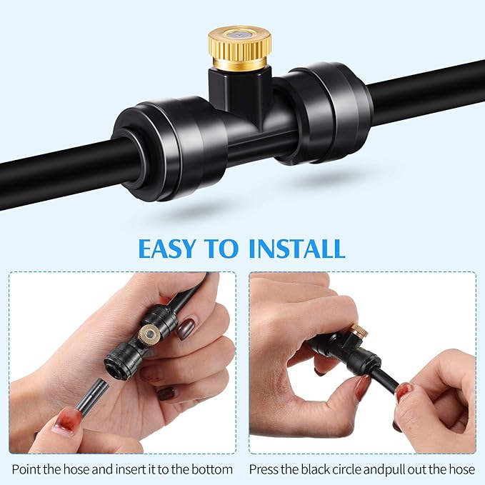 Misting Nozzles Kit Include Water Misting Tees Thread 1/4 Inch and Brass Orifice Nozzle with Black Plug for Outdoor Spray Cooling System(60 Pieces)