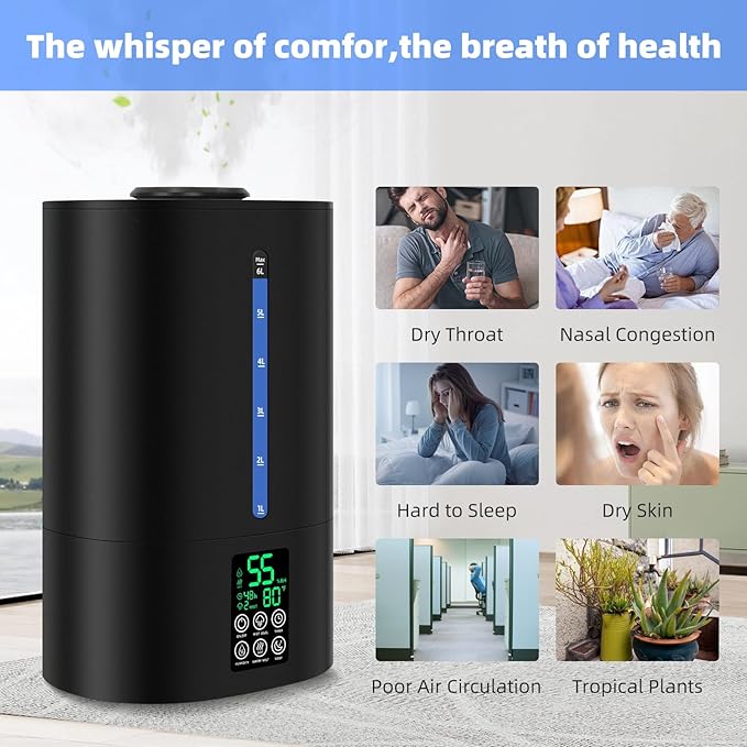 Coolfiqu 6L Humidifiers for Bedroom Large Room Home, Cool and Warm Humidifier for Plants Mist Top Fill Desk Humidifier Essential Oil Diffuser, Quiet Humidifiers with Adjustable Mist,360°Nozzle-Black