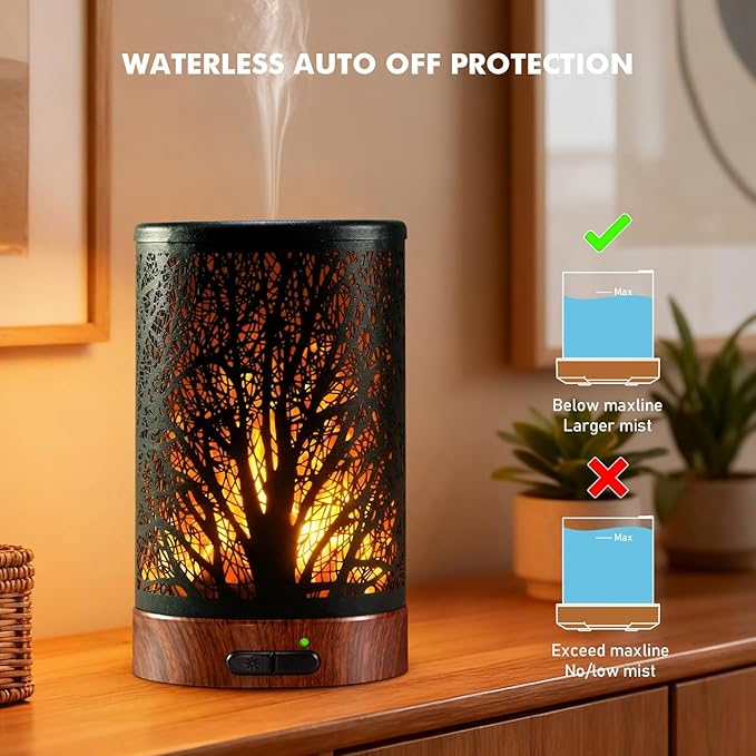 Aromatherapy Essential Oil Diffuser for Home - 100ml Black Ultrasonic Diffuser with Dynamic Flame Light, Metal Cool Mist Aroma Diffuser for Essential Oils & Auto Shut-Off Protection
