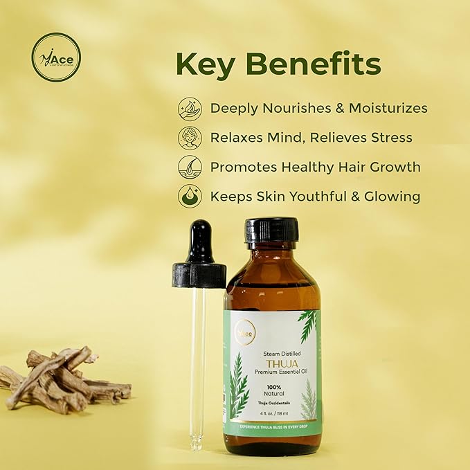 My Ace Pure & Natural Thuja Essential Oil – Steam-Distilled Thuja Orientalis | 100% Natural Oil for Diffuser, Aromatherapy, Skin & Hair Care, Massage, Soap & Candle Making – 4 fl oz with Dropper