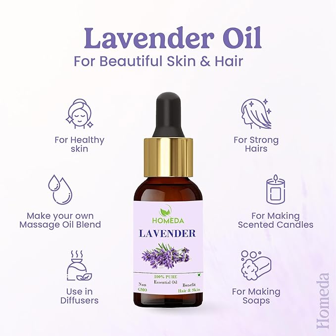 Organic Lavender Essential Oil with Glass Dropper (0.5 fl oz, 15ml), Aceite Esencial De Lavanda, Natural Lavender Oil for Sauna Oil, Diffuser, Skin, Hair, Humidifier, Laundry Soap, Aromatherapy