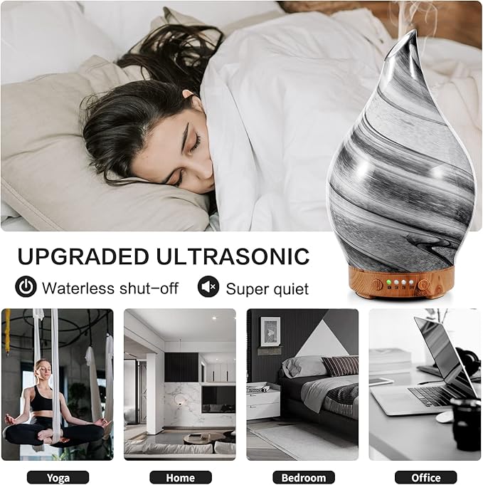Porseme Essential Oil Diffuser Hand-Blown Glass Aroma Diffusor, Aromatherapy Unltrasonic Cool Mist deffuser, 7 Color Changing, Waterless Shut-Off, Timer Function for Home Office(150ml, Ink)