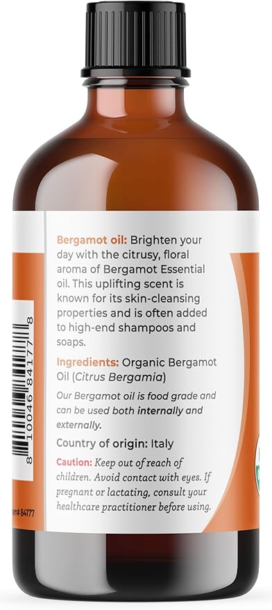 Viva Doria Bergamot Essential Oil, USDA, Certified Organic Bergamot Oil, 100% Pure, Natural Essential Oil, Undiluted, for Aromatherapy | Food Grade, 118 mL (4 Fluid Ounce)