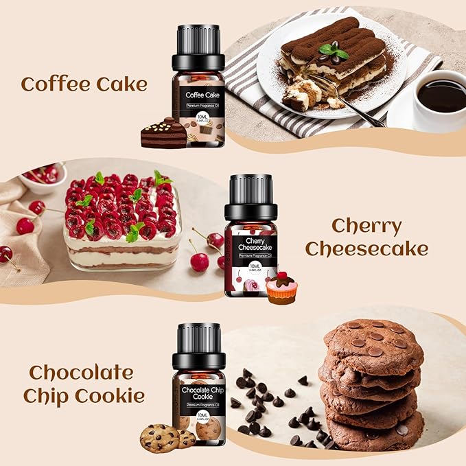 Bakery Essential Oils Set - Fragrance Oil for Diffusers for Home, Candle Making - Pumpkin Pie, Coffee Cake, Gingerbread, Cherry Cheesecake Aromatherapy Scented Oils (6x10ML)