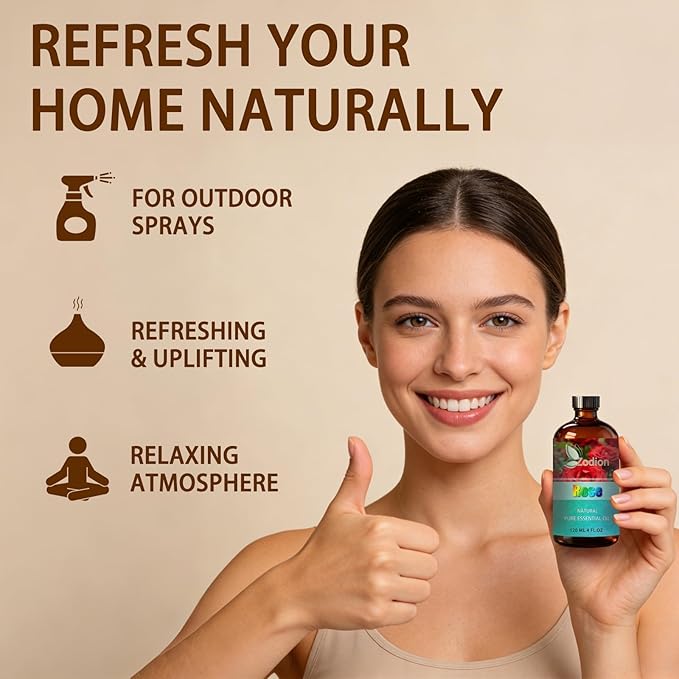 Rose Essential Oil, 4 fl oz (120ml) - ZODION Rose Fragrance Oil for Diffuser, Massage, Humidifier, DIY Candle, Soap Making, Home, Bath, Yoga