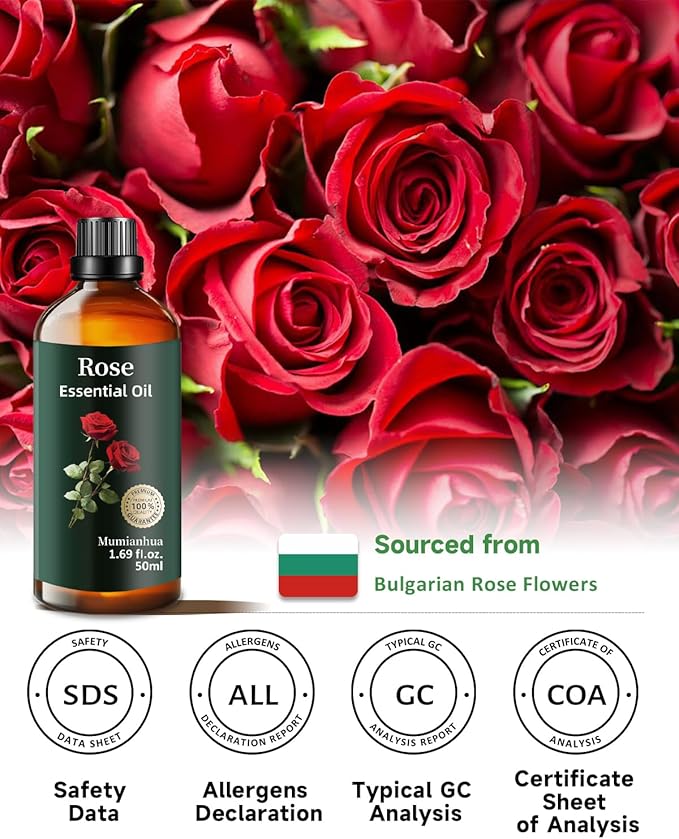 Rose Essential Oil, Pure Rose Oil Mumianhua Natural Floral Oil for Reed Diffuser, Air Freshener, Aromatherapy, Relaxation, Skin, Massage, Hair, Cologne, Candles Making, Evening Wellness 1.69 Fl Oz