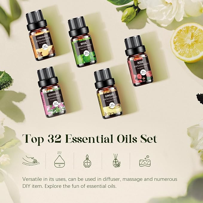 Essential Oils Set - 32x5ml Pure Aromatherapy Essential Oils Kit for Diffuser, Humidifier, Aromatherapy, Massage, Skin & Hair Care - Lavender, Tea Tree, Eucalyptus, Sandalwood, Peppermint, Rosemary