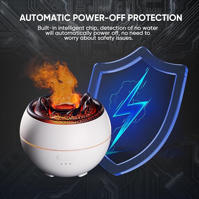 YALEDI Essential Oil Diffuser, Volcano Flame Fire Oil Diffuser, 360ml Ultrasonic Cool Mist Aromatherapy Humidifier, Scent Diffuser with 7 Colors Light, Timer & Auto Shut-Off for Home, Room (White)