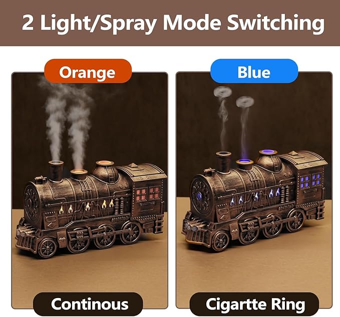 Train Diffuser, 300ml Vintage Steam Train Essential Oil Diffuser, 2 Color LED Dual Mist Modes Christmas Train Air Diffuser Aromatherapy Humidifier with Remote Control, 2/8 Hours Auto Shut-Off
