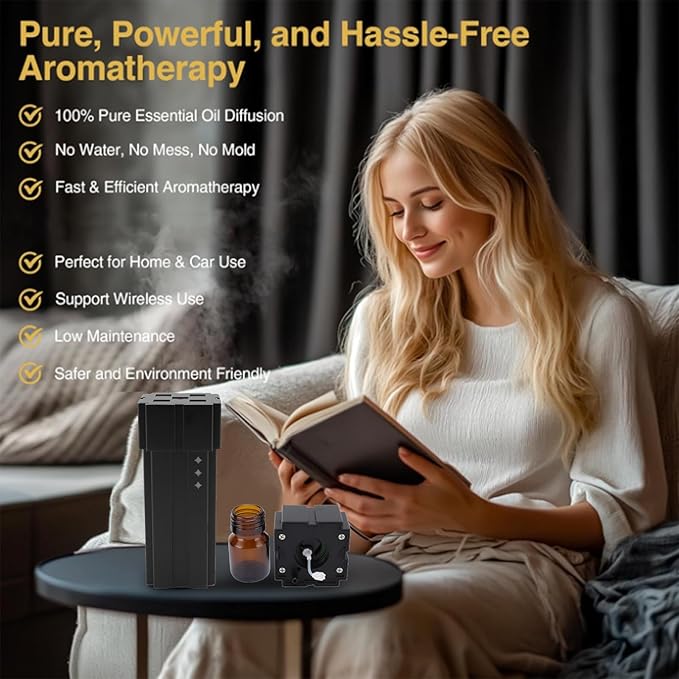 Luocute Waterless Essential Oil Diffuser, 20ML Low Noise Anti Leakage Intelligent Mode Dual Fluid Cold Mist Essential Oil Diffuser, Suitable for Car Bedroom Office (Black)