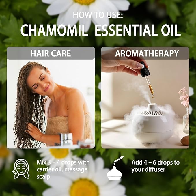 Chamomile Essential Oil, 4 fl oz (120ml) - ZODION Chamomile Fragrance Oil for Diffuser, Massage, Humidifier, DIY Candle, Soap Making, Home, Bath, Yoga