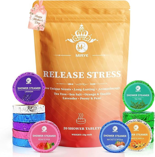 MR MIRYE Shower Steamers Aromatherapy, Valentine's Day Gifts for Women and Men, 20-Pack Organic Shower Bombs with Essential Oil, Tea Tree, Orange & Vanilla, Sea Salt, Lavender, Peony & Pear