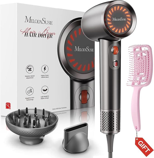 MelodySusie Hair Dryer with Diffuser, 1600W Fast Drying Low Noise Ionic Hair Dryer for Curly Hair with Diffuser,Nozzle and Hair Brush,120,000 RPM Blow Dryer Ideal for Women