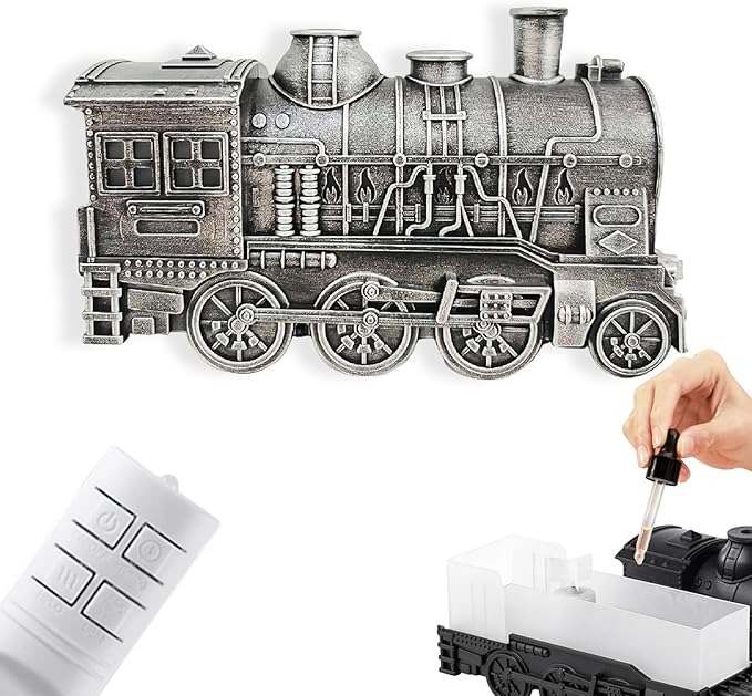 300ml Train Diffuser, Vintage Steam Train Aromatherapy Essential Oil Diffuser with Dual-Color LED Light, Quiet Aromas Diffuser with Cool Mist Modes &Smart Remote for Rooms,Bedrooms, Desks (Silver)