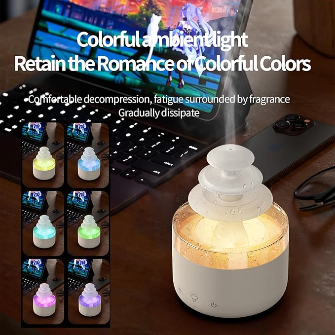 Cloud Rain Humidifier & Essential Oil Diffuser with 7-Color LED Mood Lights, White Noise Rain Sounds & Waterless Auto Shut-Off – Quiet Ultrasonic Aroma Therapy for Bedroom, Nursery, Office(500ml)