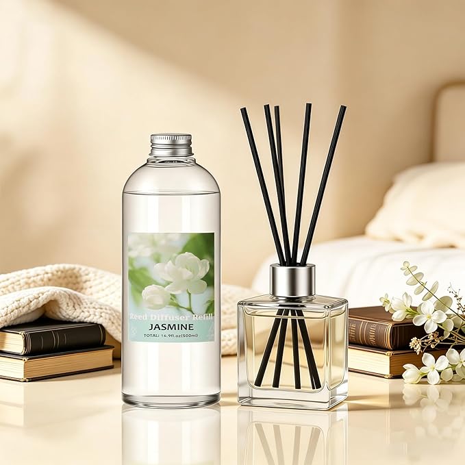 STRN Reed Diffuser Refill, Jasmine Scent Diffuser 500ml | 16.9 oz with 6 Reed Sticks, Room Fresheners for Home, Long-Lasting Fragrance for Living Room, Bedroom, Office, Home Décor