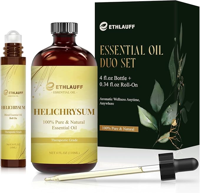 Helichrysum Extracts Essential Oil, 100% Natural Helichrysum Oil Premium Grade for Diffusers, Skin Care, Massage, Humidifiers, Stress Relief, with Glass Dropper