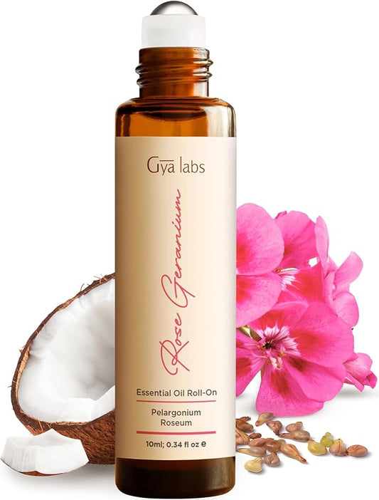 Gya Labs Rose Geranium Essential Oil Roll On - 0.34 Fl Oz - Travel Size Roller for Camping, Skin, Aromatherapy Relief, Convenience