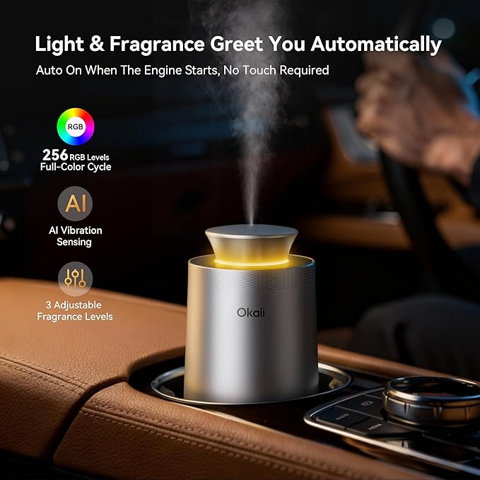 Okali Smart Car Air Fresheners, Waterless Diffuser for Essential Oil, Support DIY, Auto ON/OFF, Timer Function, Quiet Design, 4000mAh, All-Aluminum Alloy, White Musk & White Tea Scent Car Freshener