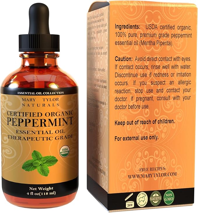 Organic Peppermint Essential Oil 4 oz, USDA Certified Mentha Piperita, Perfect for Aromatherapy, Diffuser, DIY by Mary Tylor Naturals
