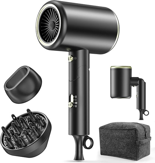 Hair Dryer, 150000RPM Ionic Blow Dryer - Fast Drying, Low Noise, Foldable Portable with Diffuser and Nozzle, Compact Mini for Women and Men, Home and Travel （Black）