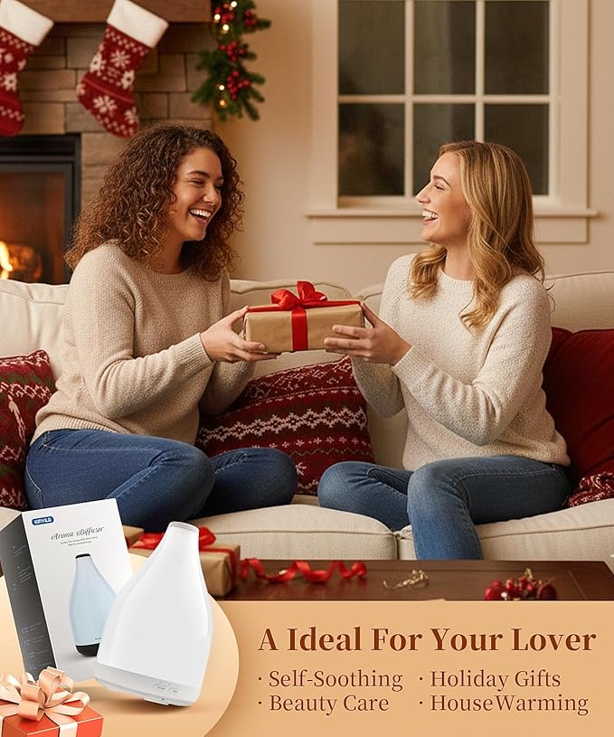 300ML Essential Oil Diffuser, Quiet Aromatherapy Diffuser Mist Humidifier with 7 Colors Light, Auto-Off, 1H/3H/6H Timer, Ultrasonic Room Scent Diffuser for Home, Office, White (No Remote)