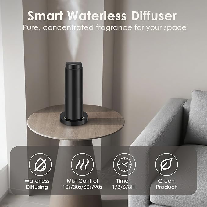 Waterless Essential Oil Diffuser with 8 Color LED Night Light, 3 Mist Levels & Timers, Portable Rechargeable Aromatherapy Diffuser for Home Car Room Studio Office, Metal (Black-200ml)