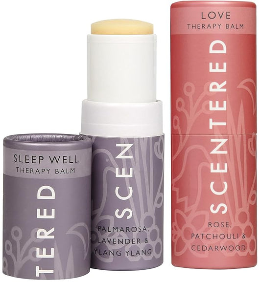 Scentered Aromatherapy Balm Sticks for Sleep & Emotional Balance - Roll On Essential Oil Blends of Rose, Lavender, Ylang Ylang - Gifts for Valentines Day for Her - Sleep Well & Love