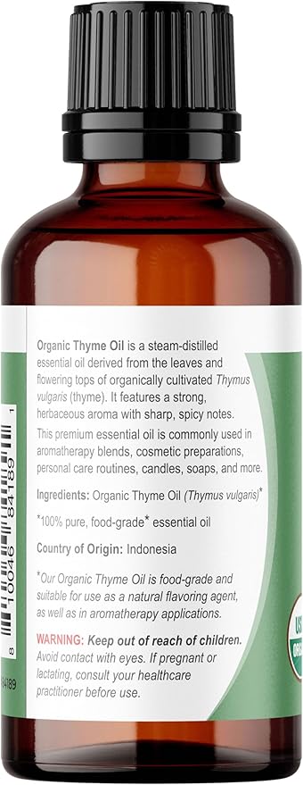Viva Doria Thyme Essential Oil, USDA Certified, Organic Thyme Oil, 100% Pure, Natural Essential Oil, Undiluted, for Aromatherapy | Food Grade, 30 mL (1 Fluid Ounce)