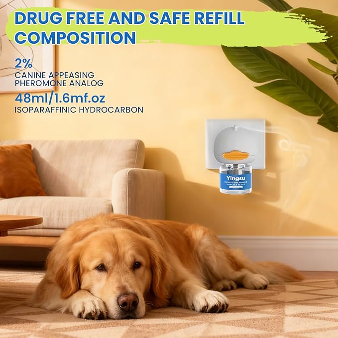 Dog Calming Diffuser, 4 in 1 Puppy Pheromones Calming Diffuser, Relaxing Pheromone for Dogs Relief Stress Anxiety Reduce Aggression Barking, Help Train Dog to Pee, 1 Diffuser 3 Refill(48ml)