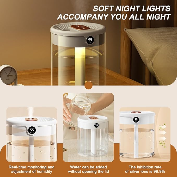 Air Humidifier with Humidity Display, 2L Mute Clear Cool Mist Diffuser with 3 Modes, Dual Spray & Light for Bedroom, Car, Baby Nursery, Office, Indoor Plants