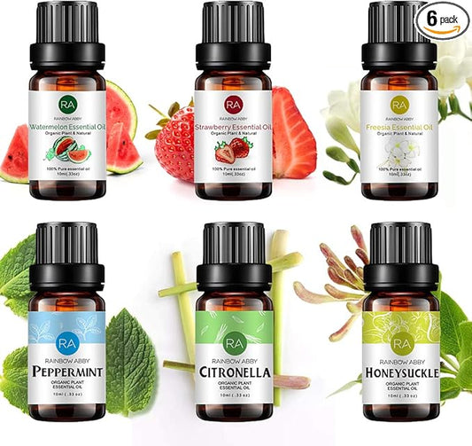 RAINBOW ABBY 6-Pack Orangic 100% Pure Essential Oil Set (Peppermint, Watermelon, Strawberry, Freesia, Citronella, Honeysuckle) 6x10ML